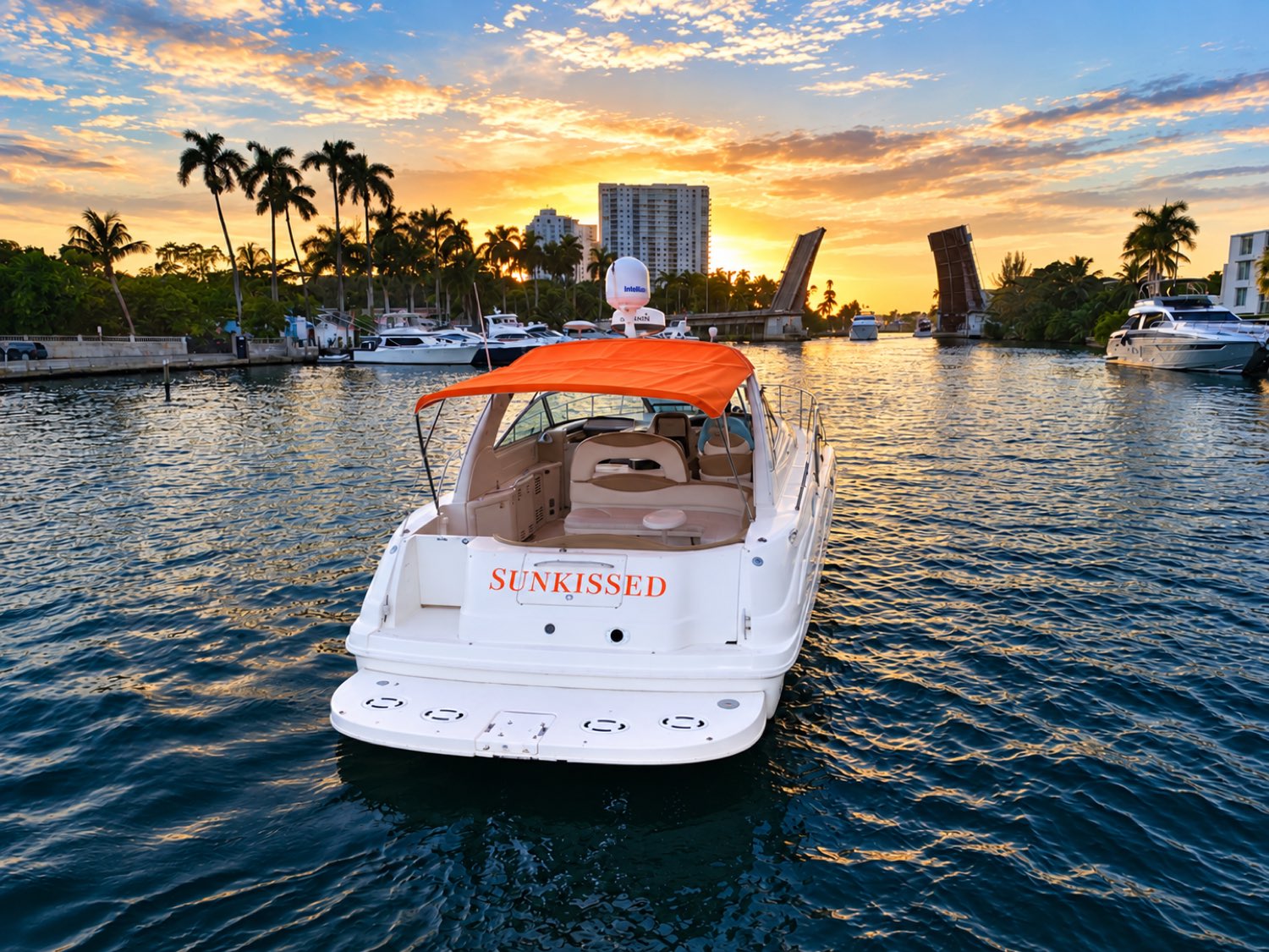 Sunkissed — 45ft Sea Ray charter yacht at sunset on the Miami River